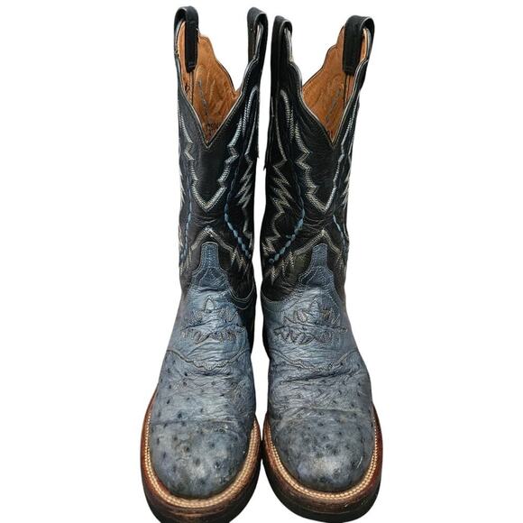 Lucchese 2000 Ostrich Skin and Leather Western Cowboy Boots Blue Black Size 7 - Picture 2 of 9